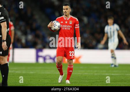 San Sebastian, Spanien. November 2023. Chiquinho (Benfica) Fußball/Fußball : Spiel der UEFA Champions League Gruppe Gruppe D zwischen Real Sociedad 3-1 SL Benfica in der reale Arena in San Sebastian, Spanien . Quelle: Mutsu Kawamori/AFLO/Alamy Live News Stockfoto