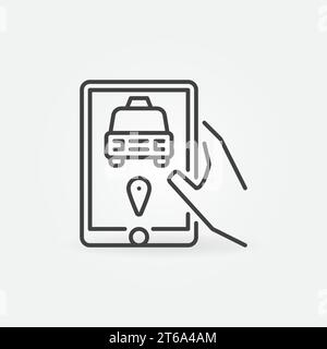 Handheld Tablet mit Online Taxi App Vektorkonzept lineares Symbol oder Zeichen Stock Vektor