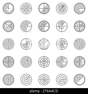 Radarsymbole für runde Umrisse gesetzt. Symbole für das Konzept der Erkennung von Vektorwellen in dünner Linie Stock Vektor