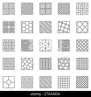 Symbole für Bodenkontur festgelegt. Vektor-Bodenmaterialien - Parkett, Laminat, Diele, Bodenfliesen Konzept lineare Symbole Sammlung Stock Vektor