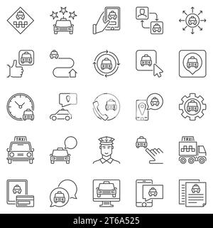 Symbole für Taxidienste gesetzt. Vektorsammlung von Schildern mit Taxiwagen, App, Fahrer und Navigationskonzept im dünnen Stil Stock Vektor