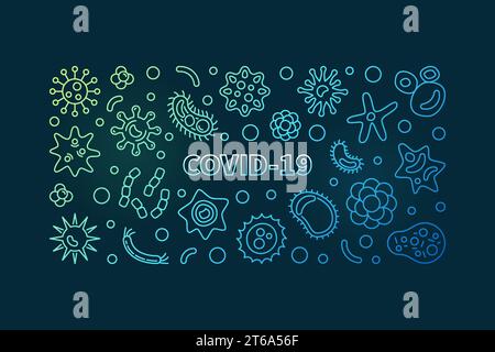 COVID-19-Vektorkonzept Buntes lineares horizontales Banner oder Illustration auf dunklem Hintergrund Stock Vektor