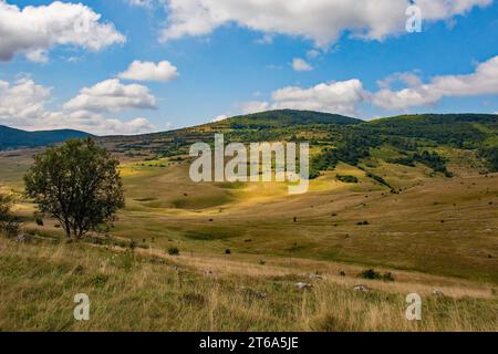 Gruben in der Karstlandschaft bei Gornje Ratkovo in der Gemeinde Ribnik in der Region Banja Luka, Republika Srpska, Bosnien und Herzegowina. Anfang September Stockfoto