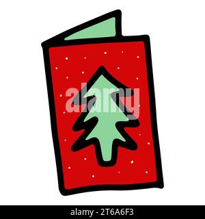 Kritzele Postkarte mit Weihnachtsbaum, Schneeflocken. Handgezeichnete farbige Winterkarte isoliert auf weißem Hintergrund. Zeichen der Glückwünsche, Einladung, Post, Stock Vektor