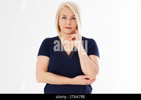 Traurige Frau mittleren Alters, reife Frau besorgt um etwas, isoliert auf weißem Hintergrund, Porträt einer Reifen Frau frustriert und traurig Stockfoto