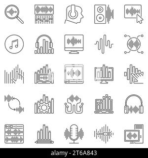 Sounddesign-Kontursymbole festgelegt. Musik- und Audiokonzeptvektor lineare Symbole oder Designelemente Stock Vektor