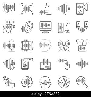 Kontursymbole für Sprach- und Spracherkennung. Vektor-Sprachsteuerung, Schallwellen und andere lineare Schallzeichen Stock Vektor
