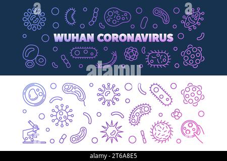Vektorsatz von 2 Wuhan Coronavirus Konzept umreißen farbige horizontale Banner Stock Vektor