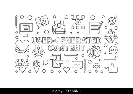 Lineares horizontales Banner für benutzergenerierten Inhalt. Vektor-UGC-Konzept, dünne Linie, Illustration Stock Vektor