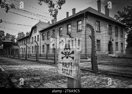 KZ Auschwitz ein Schild mit dem deutschen Wort HALT und dem polnischen Wort STOJ steht auf dem Gelaende vor den Stacheldrahtzaeunen *** Konzentrationslager Auschwitz Ein Schild mit dem deutschen Wort HALT und dem polnischen Wort STOJ steht auf dem Gelände vor den Stacheldrahtzäunen xMMx Credit: Imago/Alamy Live News Stockfoto