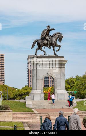 Bronzeskulptur von General Sam Houston am Eingang zum Hermann Park in der Innenstadt von Houston, Texas Stockfoto