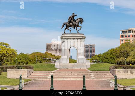 Bronzeskulptur von General Sam Houston am Eingang zum Hermann Park in der Innenstadt von Houston, Texas Stockfoto