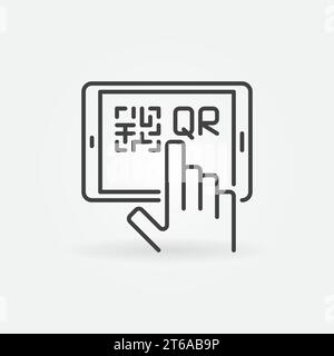Hand und Tablet mit QR-Code-Symbol für lineares Vektorkonzept oder Logo-Element Stock Vektor