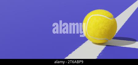 Tennisball auf der weißen Linie des Platzes. Banner 3D-Rendering Stockfoto
