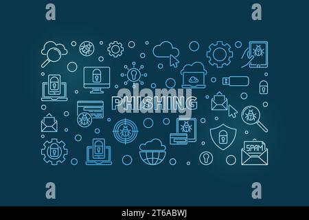 Phishing-Vektorkonzept lineare blaue moderne horizontale Illustration oder Banner auf dunklem Hintergrund Stock Vektor