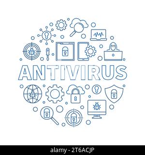 Antiviren-Vektor rund Virenschutz Konzept Umriss blaue Abbildung auf weißem Hintergrund Stock Vektor
