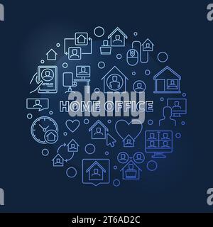 Home Office Vektorkonzept runde blaue lineare Illustration auf dunklem Hintergrund Stock Vektor