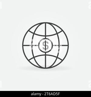Erdkugel mit Dollar-Zeichen-Vektor-Konzeptsymbol oder Zeichen im Umrissstil Stock Vektor