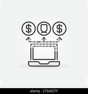 Laptop mit Vektorsymbol für Geldtransaktionen oder Anmeldung im Umrissstil Stock Vektor