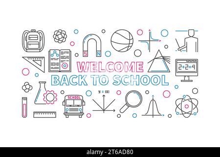 Willkommen Back to School Creative Concept horizontale lineare Illustration. Vektorbanner auf weißem Hintergrund Stock Vektor