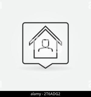 Quadratische Sprechblase mit dem Zeilensymbol „Mann im Haus“. Vektor, der von zu Hause aus arbeitet, Konzeptzeichen im Umrissstil Stock Vektor