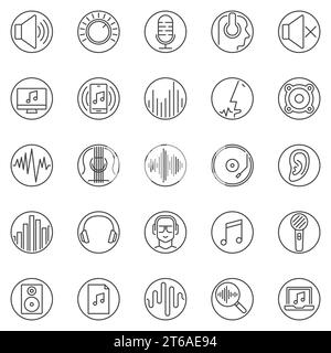 Rundsymbole für den Sound. Vektor-Audio- und Musiksymbole in dünner Linie Stock Vektor