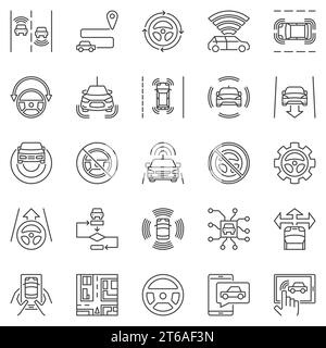Kontursymbole für selbstfahrendes Auto gesetzt. Symbole für das Konzept der dünnen Linien des Vektors „autonomes Fahrzeug“ und „fahrerloses Fahrzeug“. Lineare Designelemente des Autopiloten Stock Vektor