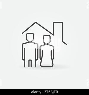 Frau und Mann unter der Dachlinie des Hauses. Zu Hause bleiben Vektorkonzeptsymbol oder Designelement umreißen Stock Vektor