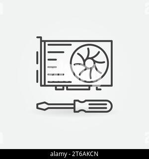Computer-Videokarte mit linearem Schraubendreher-Symbol. Kontursymbol für Vektor-Grafikkarte Stock Vektor