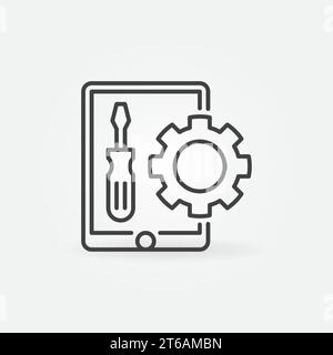 Tablet mit Schraubendreher und Gear Outline Vector Concept Symbol oder Schild Stock Vektor