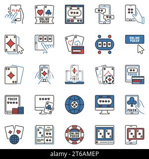 Online Poker Colour Vector Concept Icons Sammlung. Internet Texas Hold EM Spielsymbole Stock Vektor