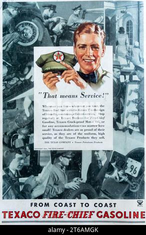 1934 Werbespot des Feuerwehrmannes Texaco. „Das bedeutet Service!“ Stockfoto