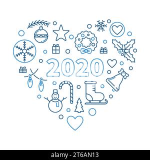 2020 Happy New Year Herzvektor Umriss Konzept Illustration oder Grußkarte Stock Vektor
