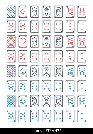 Symbole für Poker-Spielkarten-Vektorlinien gesetzt. King-, Queen-, Jack- und andere Kartenschilder im Umrissstil Stock Vektor