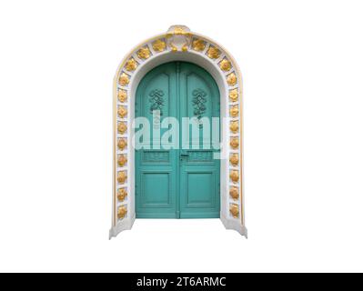 Alte hölzerne türkisfarbene Tür isoliert auf weißem Hintergrund Stockfoto