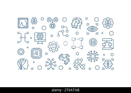 Künstliche Intelligenz – Konzeptvektor der Zukunftstechnologie – Umriss horizontale Illustration oder Banner Stock Vektor