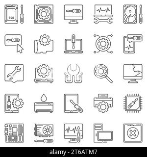 Modellsymbole für Computerreparatur. Vektorcomputer Wartungskonzepte Symbole in dünner Linienart Stock Vektor