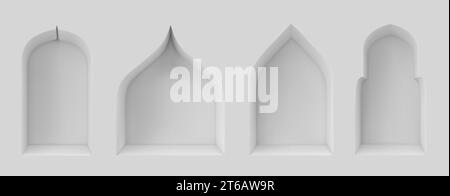 Arabische Fenster auf weißem Hintergrund. Realistische Vektor-Illustration des traditionellen islamischen Bogentors, der muslimischen Moschee, des arabischen Königspalastes, des alten indischen Baudesigns, des Architekturstils Stock Vektor