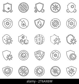Virus- und antibakterielle Schutz Umrisssymbole Set. Bacterium and Shield Line Konzept Vektorsymbole oder Designelemente Stock Vektor