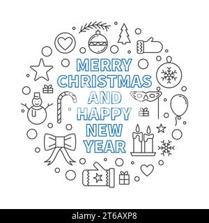 Frohe Weihnachten und Happy New Year Round moderne Umrissvektor Illustration Stock Vektor