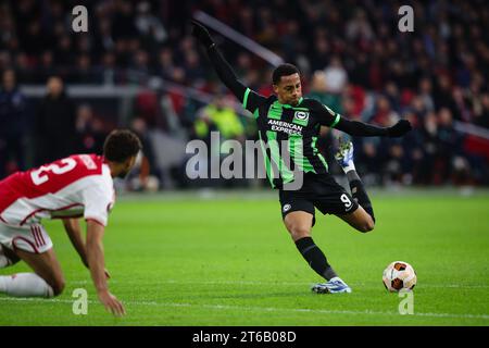 AMSTERDAM, NIEDERLANDE - 9. November 2023: Joao Pedro von Brighton & Hove Albion dreht während des Gruppenspiels der UEFA Europa League zwischen AFC Ajax und Brighton & Hove Albion in der Johan Cruyff Arena (Foto: Craig Mercer/ Alamy Live News) Stockfoto