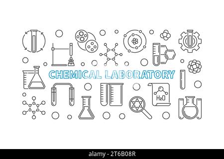 Illustration des Vektors des Chemielabors - Banner des Chemielabors mit linearen Symbolen für Reagenzgläser, Gläser, Becher und Kolben Stock Vektor