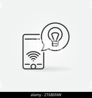 Smartphone mit Glühlampe im linearen Symbol für Sprechblasen-Vektor. Smart Glühlampe mit Smartphone über Wi-Fi-Umrissschild verbunden Stock Vektor