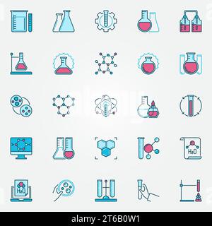 Chemistry Science Moderne Symbole. Chemietechnik, Reagenzgläser, Moleküle, farbige Symbole für Laborvektoren oder Logoelemente Stock Vektor