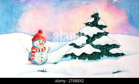 Handgezeichnet von Baum und Schneemann in Hut mit Schal. Festliche Winterkarte Stockfoto