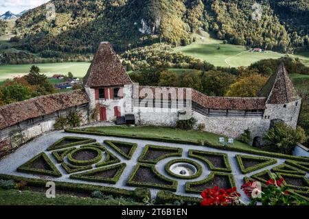 Garten im Schloss Gruyères, Schweiz Stockfoto