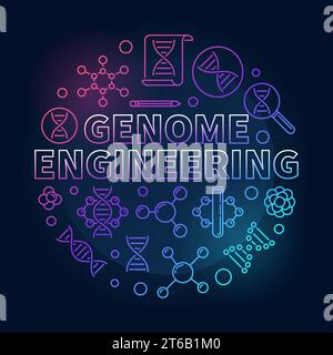 Kreisförmige farbige Illustration des Genome Engineering Vektors mit Genom-Bearbeitung und DNA-Linien-Symbolen auf dunklem Hintergrund Stock Vektor
