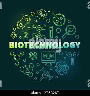Biotechnolgie Vektor bunte runde Illustration im Umrissstil auf dunklem Hintergrund Stock Vektor