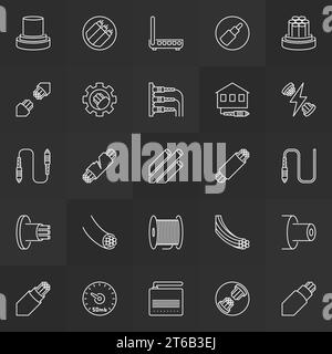 Sammlung von Symbolen für Glasfaser-Kommunikationsvektoren. Lineare Schilder auf dunklem Hintergrund mit Lichtwellenleiterkonzept Stock Vektor
