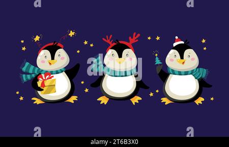 Weihnachtsfiguren sind flach. Niedlicher Pinguin im Winterkostüm auf dunkelblauem Hintergrund. Illustration der Winterferien. Stock Vektor